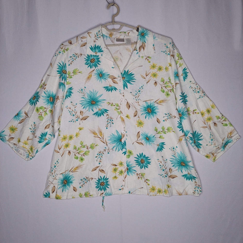 Erika Women Vtg‎ Linen Blend Button Shirt 4X Turquoise White Floral Coastal